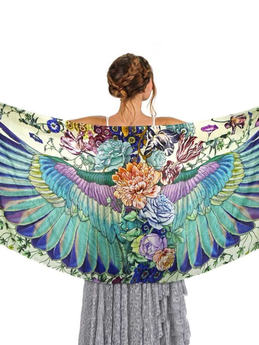Bird Wing Floral Scarf Wrap in Blue, Turquoise & Purple